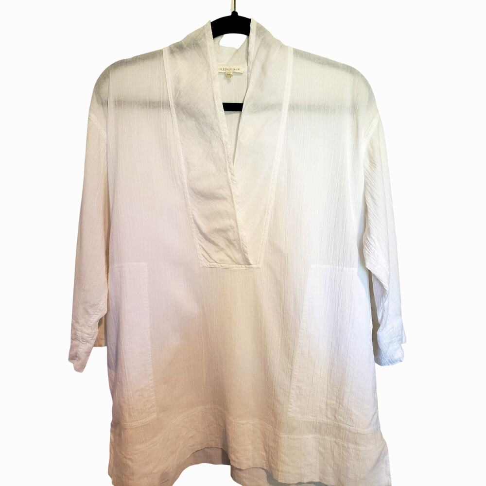 Eileen Fisher 100% Organic Cotton Tunic Blouse White Size Small 3/4 Sleeve